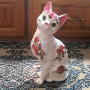 Very Rare Norleans Porcelain Floral Cat, Vintage Hand Painted Figure